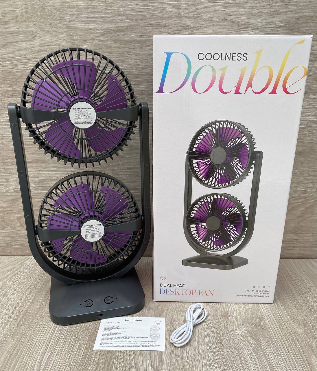 Ventilador doble USB recargable de escritorio | 3 velocidades y silencioso