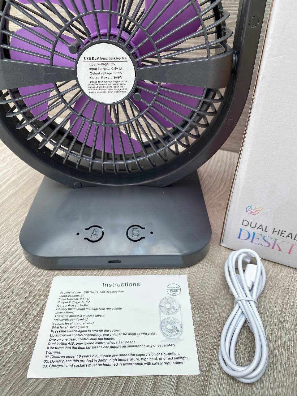 Ventilador doble USB recargable de escritorio | 3 velocidades y silencioso