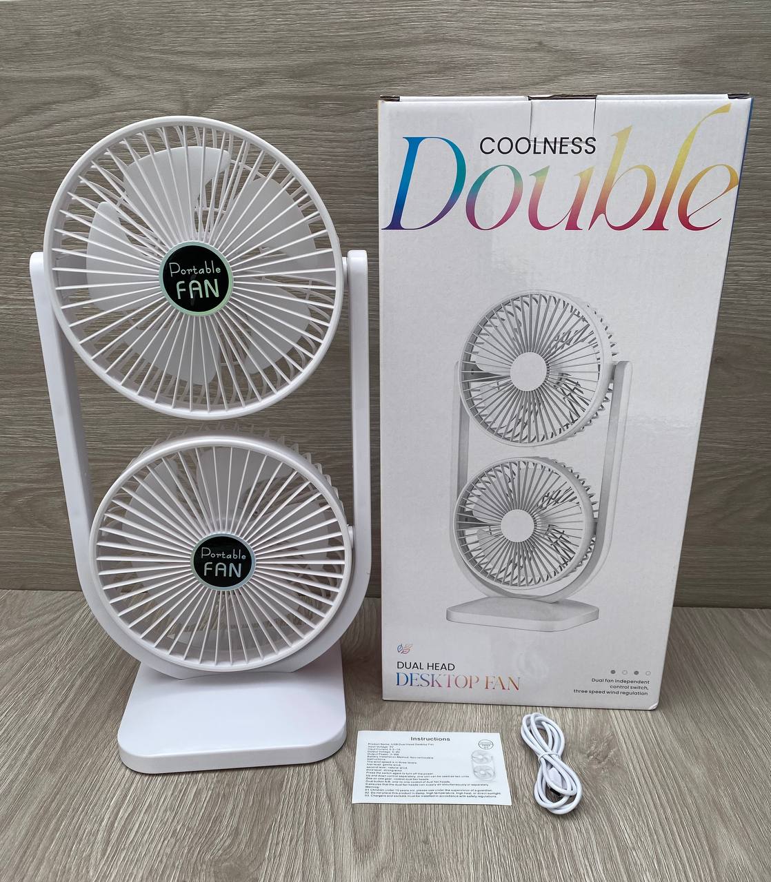 Ventilador doble USB recargable de escritorio | 3 velocidades y silencioso